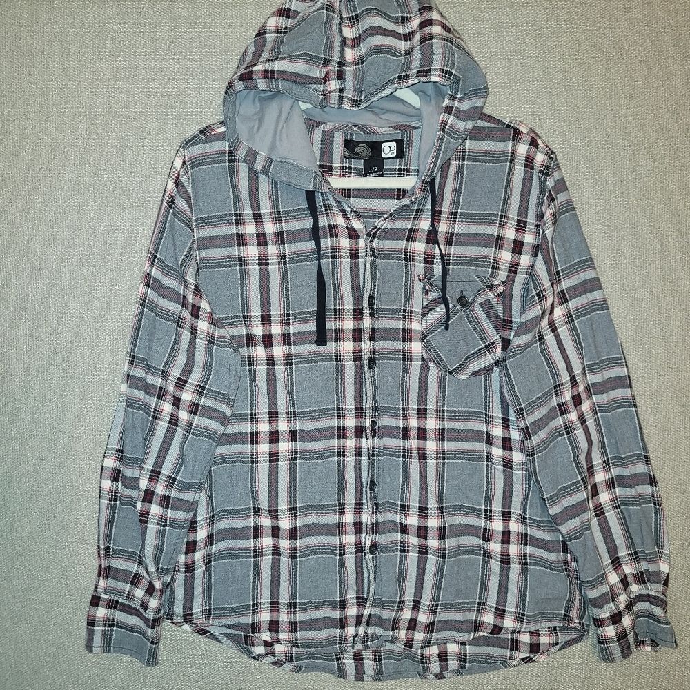 OP Size Large Black Gray Red Plaid Hooded Button Up Shirt
